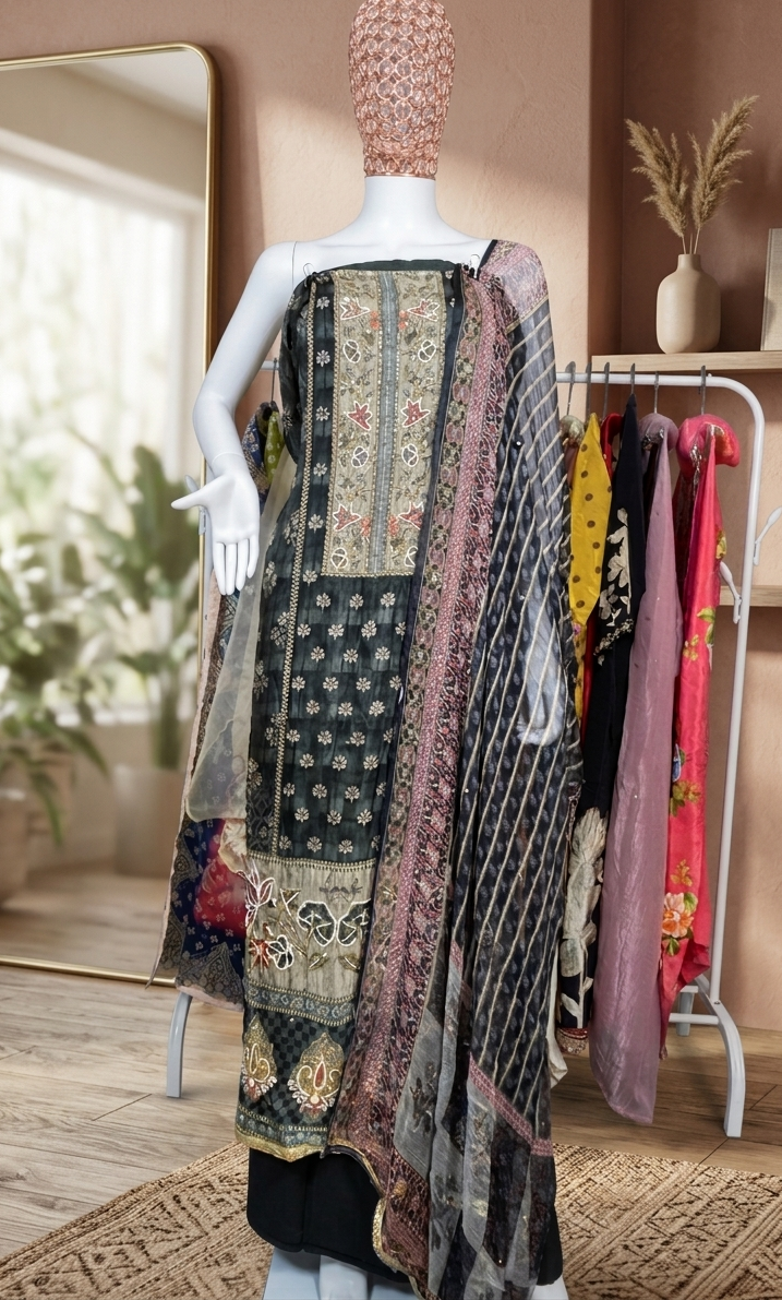 Meher Black & Ivory Embellished Unstitched Suit Set