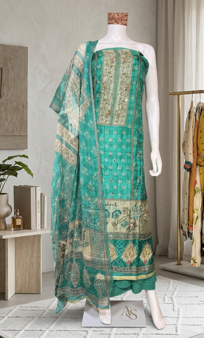 Aabroo Turquoise Floral Handwork Unstitched Suit Set