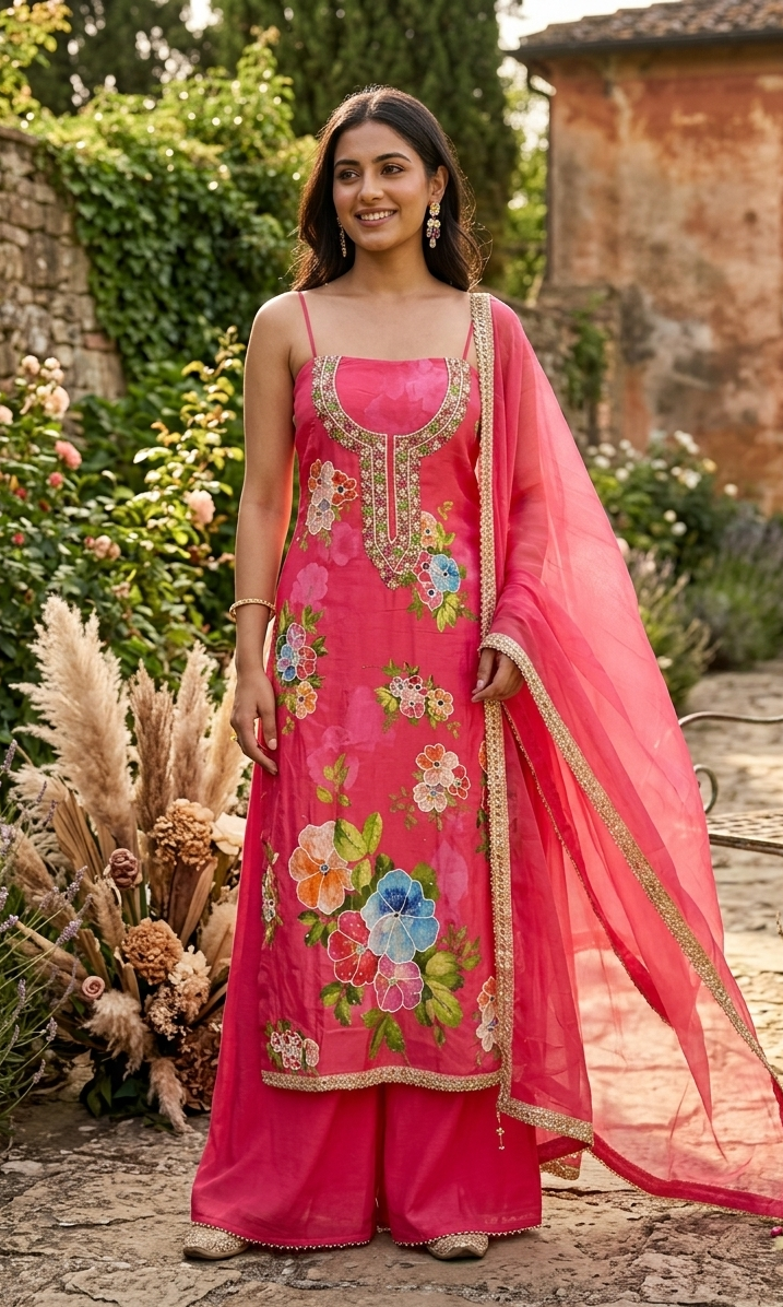 Gulnaar Bloom Pink Chinon Unstitched Suit Set