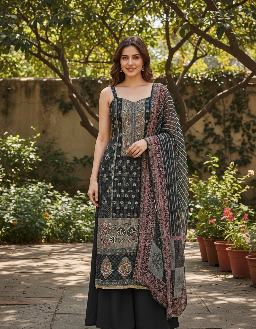 Meher Black & Ivory Embellished Unstitched Suit Set