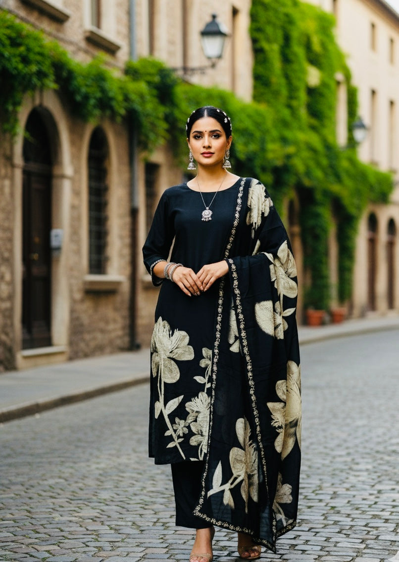 Black Crepe Silk 3 Piece Suit Set