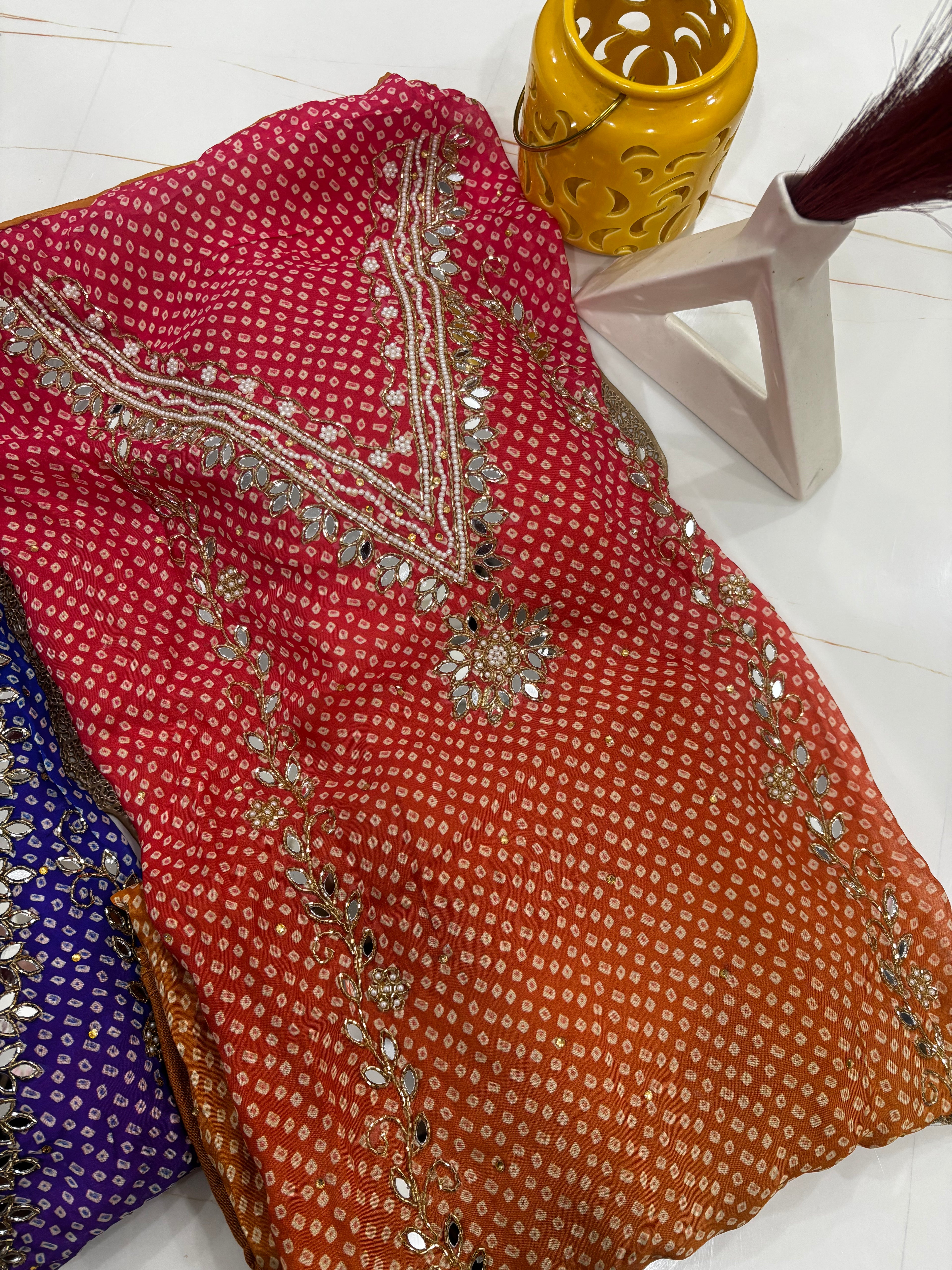 Noor Mirror Work Ombre Bandhani Unstitched Suit Set